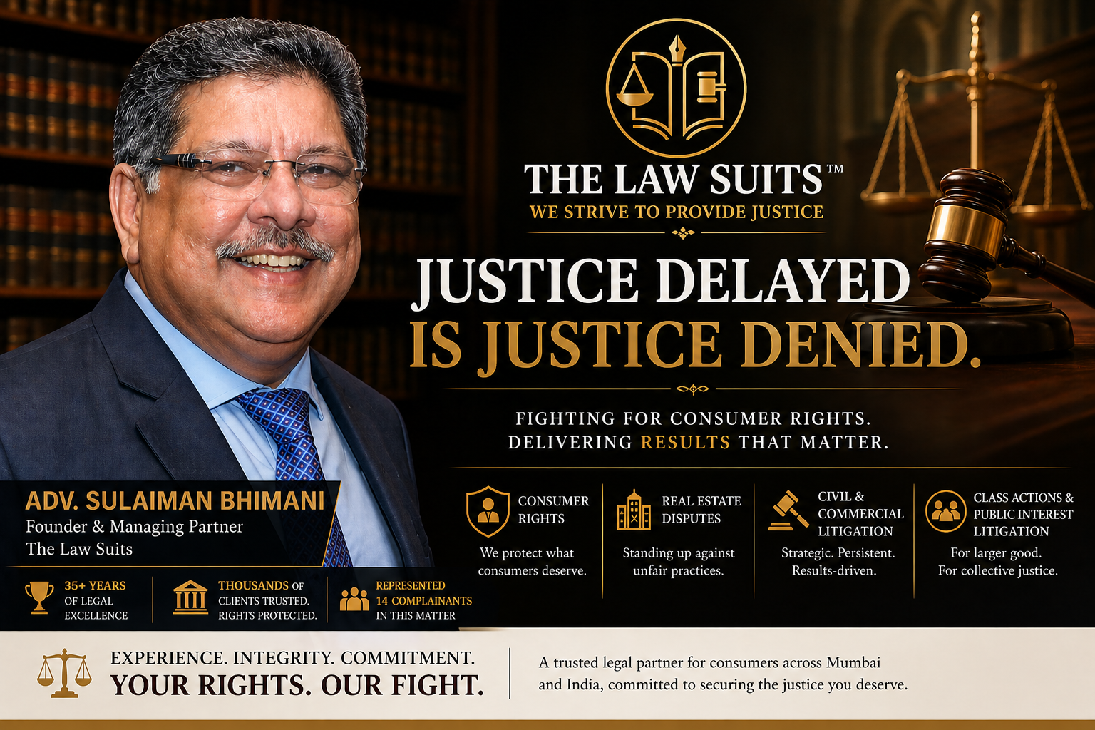 Adv. Sulaiman Bhimani of The Law Suits Mumbai highlighting consumer case victory as Consumer Forum rejects delay beyond 45 days under Consumer Protection Act 2019