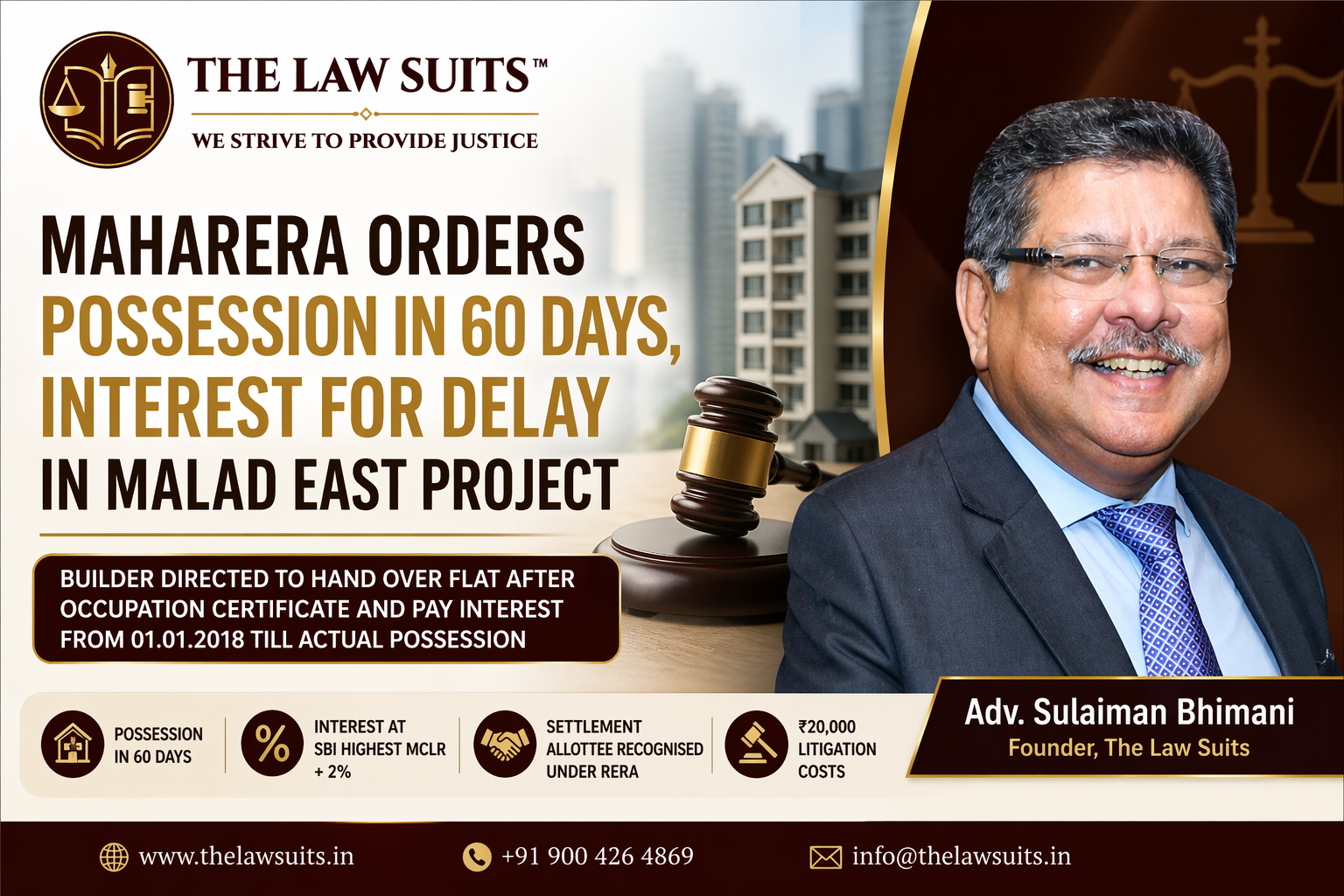 banner for The Law Suits showing Adv. Sulaiman Bhimani beside headline about MahaRERA ordering possession in 60 days and interest for delay in Malad East project, with legal gavel, residential building background, and The Law Suits logo.