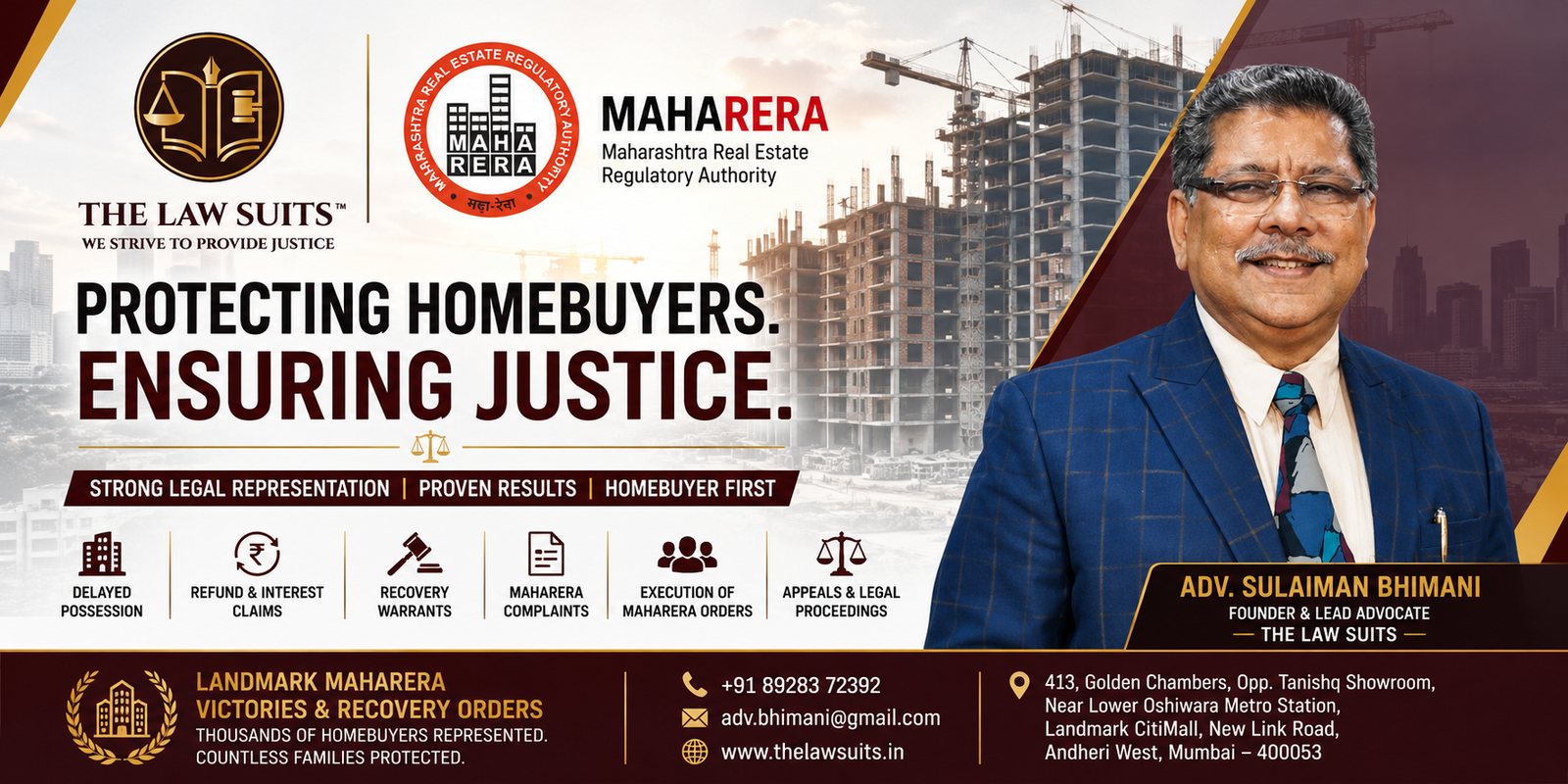 "Adv. Sulaiman Bhimani with MahaRERA and The Law Suits branding promoting homebuyer legal services and MahaRERA litigation support."