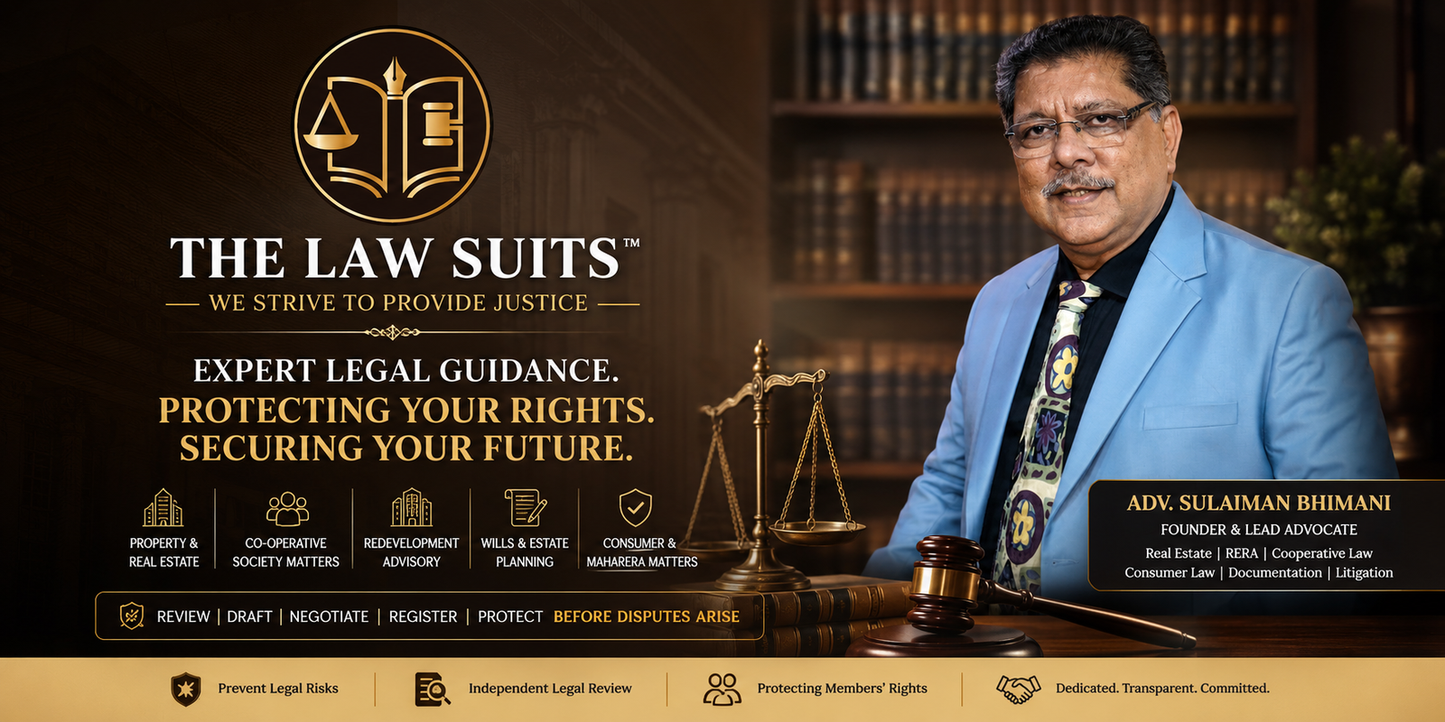 Advocate Sulaiman Bhimani of The Law Suits providing legal advisory for property, redevelopment, wills, conveyance, MahaRERA and cooperative housing society matters.