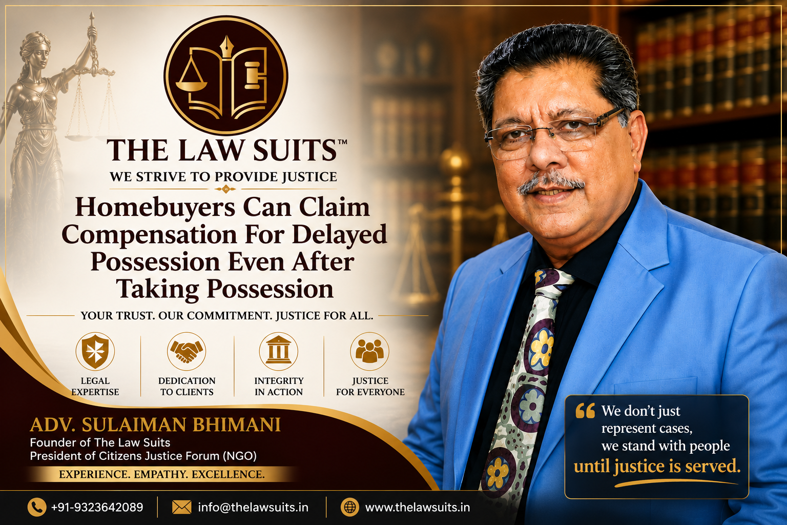 Adv. Sulaiman Bhimani, Founder of The Law Suits and President of Citizens Justice Forum, featured in a legal awareness banner highlighting the Supreme Court judgment that homebuyers can claim compensation for delayed possession even after taking possession. The banner displays The Law Suits logo, legal services branding, and key consumer rights message for homebuyers in India.