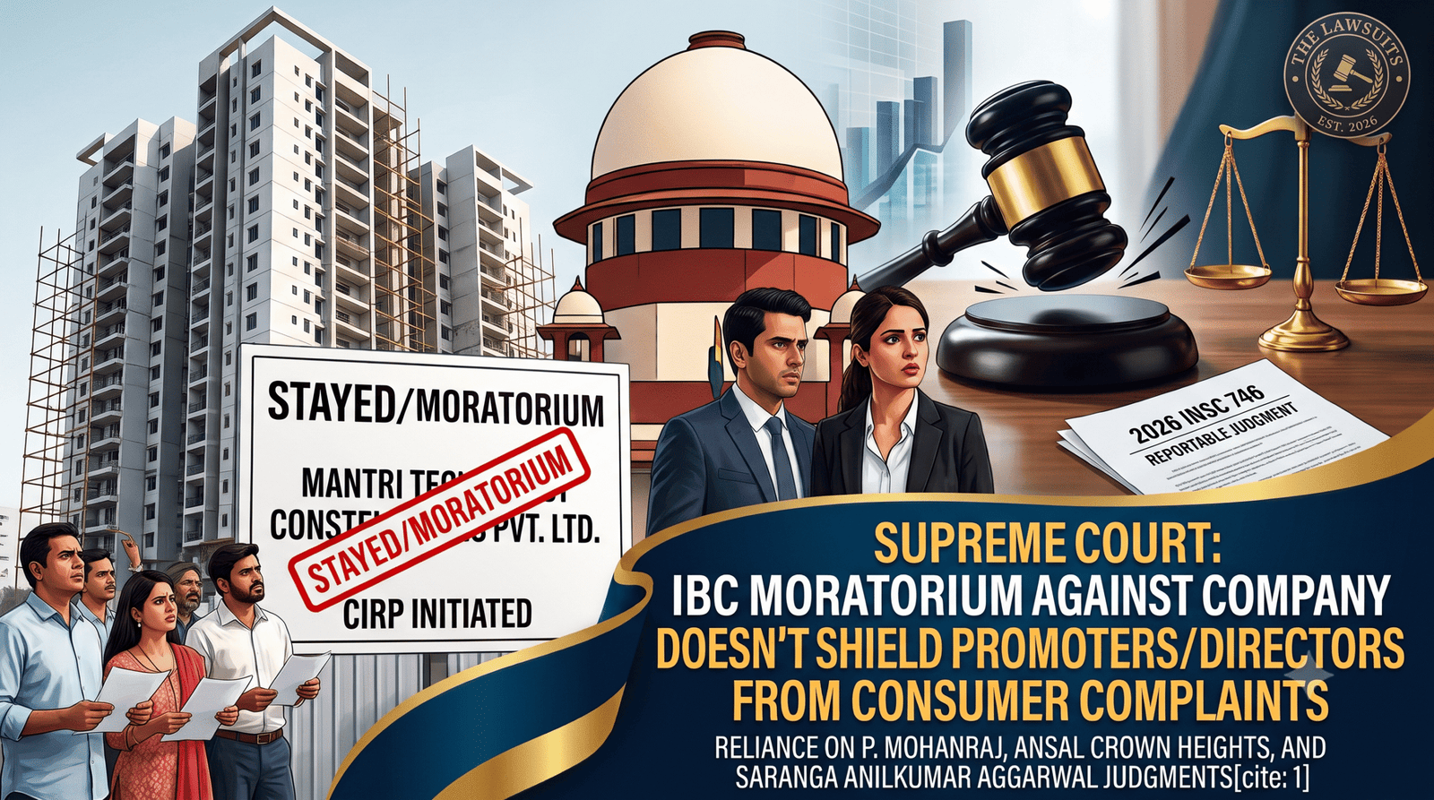 Supreme Court judgment banner on Section 14 IBC moratorium, featuring scales of justice, Supreme Court dome, real estate construction site, and headline: IBC Moratorium Against Company Doesn’t Shield Promoters or Directors from Consumer Complaints.