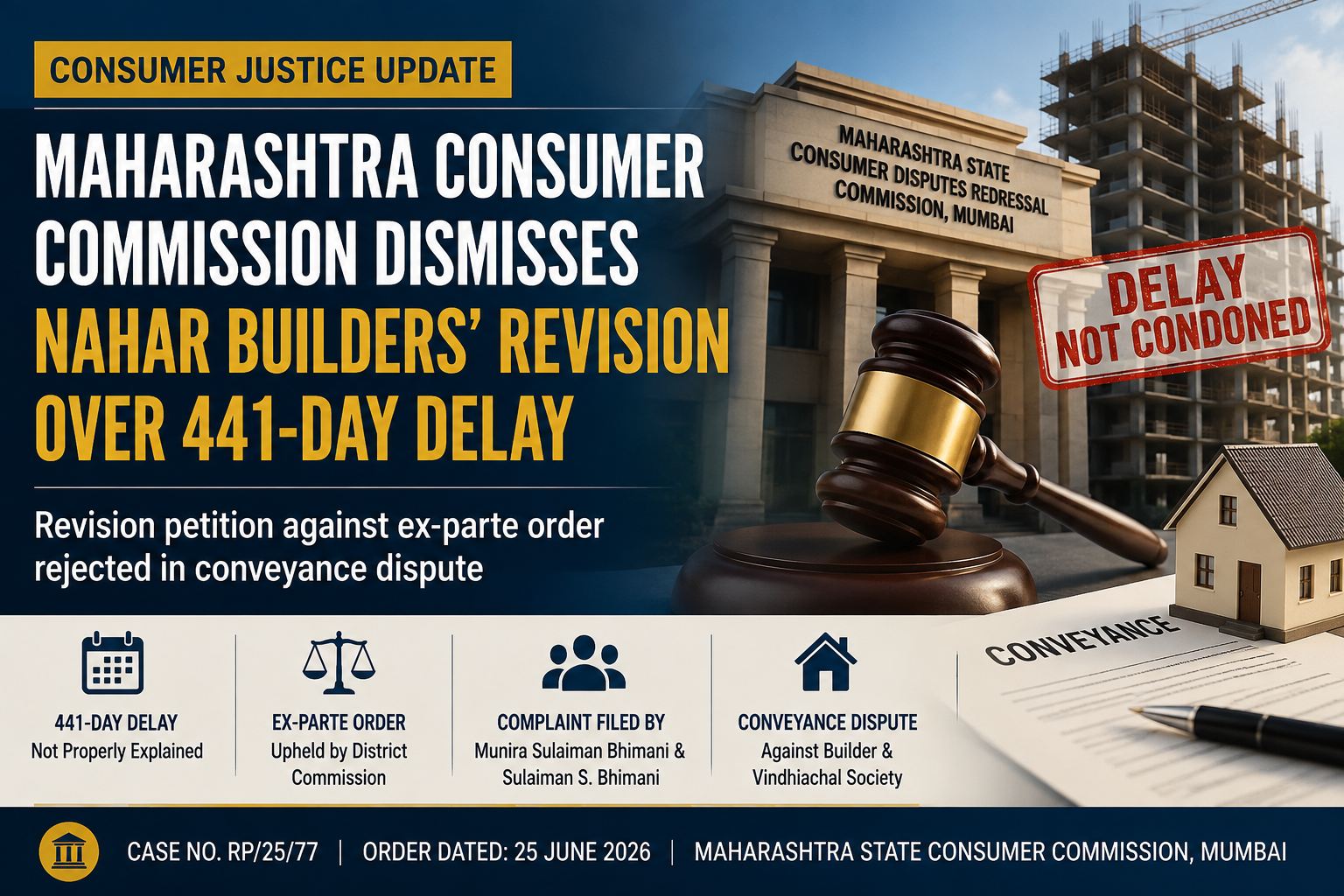 Maharashtra State Consumer Commission rejects Nahar Builders’ 441-day delay plea in Bandra conveyance and leasehold dispute, represented by Advocate Sharon Fernandez for Sulaiman Bhimani and Munira Sulaiman Bhimani.